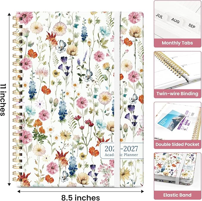 Planner 2026-2027, Academic Year Monthly and Weekly Calendar Planner, Jul 2026 - Jun 2027, Hardcover Teacher Student Planning Agenda book with Tabs, Perfect for School Office Supplies, 8.5" x 11" - Wildflowers