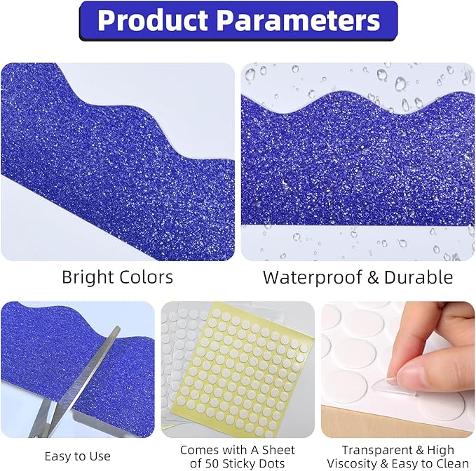 3 Rolls 98.4 Ft Glitter Bulletin Board Borders Set - Royal Blue Bulletin Board Decorations for Classroom, Office，School Supplies & Home DIY - Perfect for Teachers, Posters & Birthday Party Decor