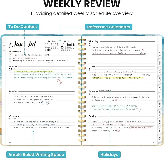 Planner 2026–2027, Academic Planner Weekly and Monthly Calendar Jul 2026 – Jun 2027 Hardcover Planner with Tabs and Pocket, Spiral Bound Agenda Book for Student & Teacher, 6.3" x 8.5", Beach Pups