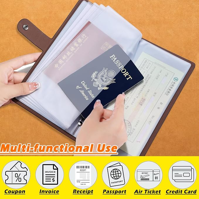 Leather Receipt Organizer, Coupon Organizer with 40 Clear Pockets, Receipt Holder for Home,Travel, Shopping,BusinessTrip, Keeping Receipts and Coupons Organized,Prevents Loss and Damage(DarkRed)