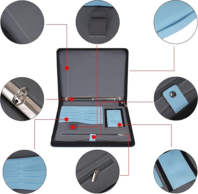 Wonderpool Travel Zippered Portfolio 3 Ring Binder A4 Padfolio Document Case with Removable Clipboard Legal Pad Holder, Business Office School Organizer for Men and Women (Light Blue)
