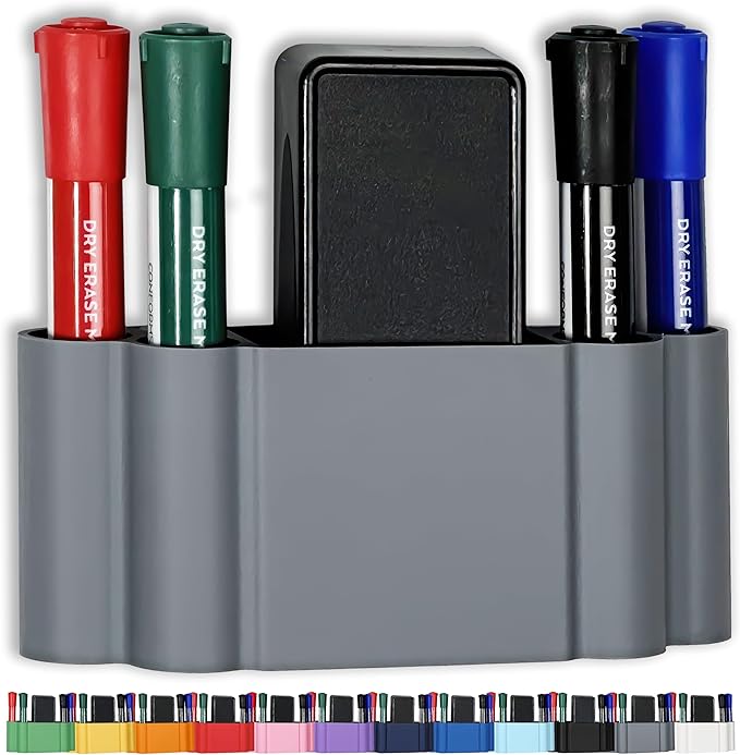 Glassboard Studio Magnetic Dry Erase Marker Holder - Super Strong for Magnetic Glass Whiteboard or Fridge - 2 Large Neodymium Magnets - No Slip Grip - Eco-Friendly PLA Plastic (Steel Gray, KIT)