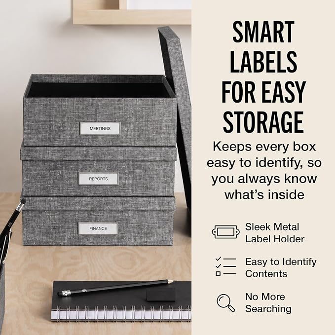 Bigso Oskar Canvas Fiberboard Document Letter Box for Important Paperwork A4 or Letter Size - Durable Keepsake Box with Lid and Metal Label Holder - 3.3in x 10.2in x 13.8in - Melange Grey - 3 Pack