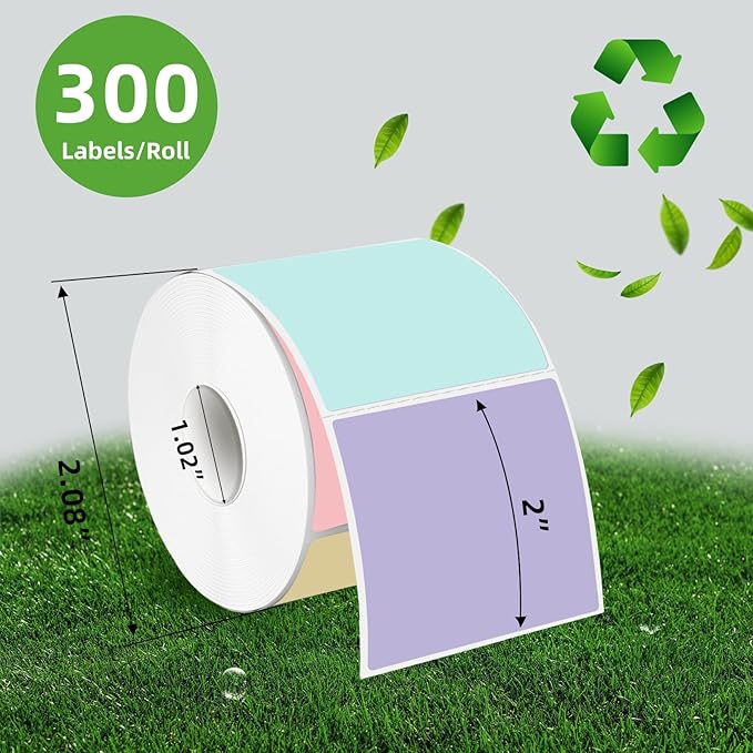 Square Thermal Labels Stickers 2" x 2", Self-Adhesive Waterproof Square Direct Thermal Labels Stickers, Perforation Line Design- 300 Sheets/Multicolor