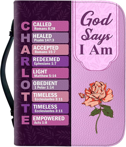 Personalized Man of God Bible Cover, God Says I Am Bible Case PU Leather, Bible Holder Handle Zipper, Faith Scripture with Name Case Bag, Religious Gifts for Church Christians Women Men (GOD-05)