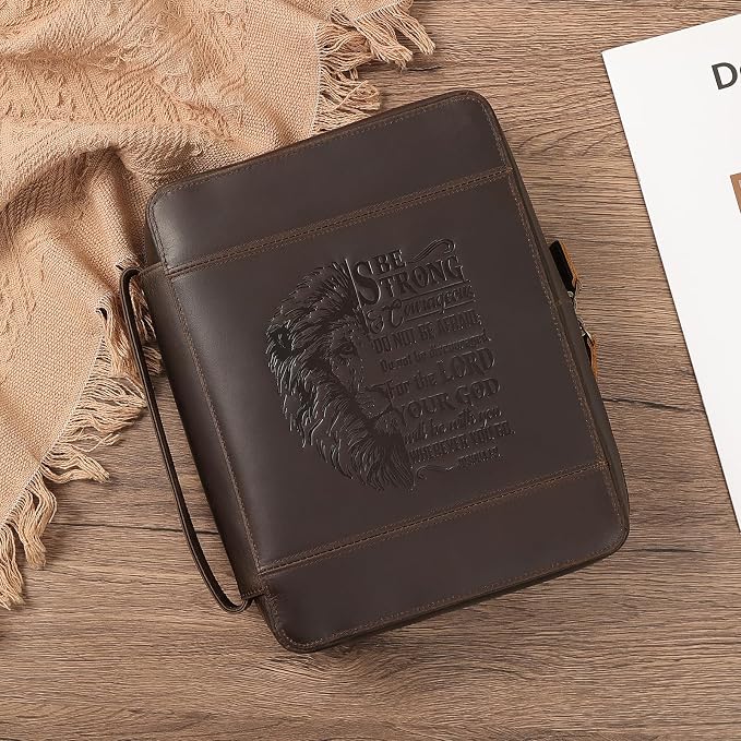 Polare Full Grain Leather Bible Cover Church Bag 10.5x7.75x2.25 inch Carrying Book Case Bible Protective with Handle and YKK Zipper Christian, Religious Gifts for Men Women