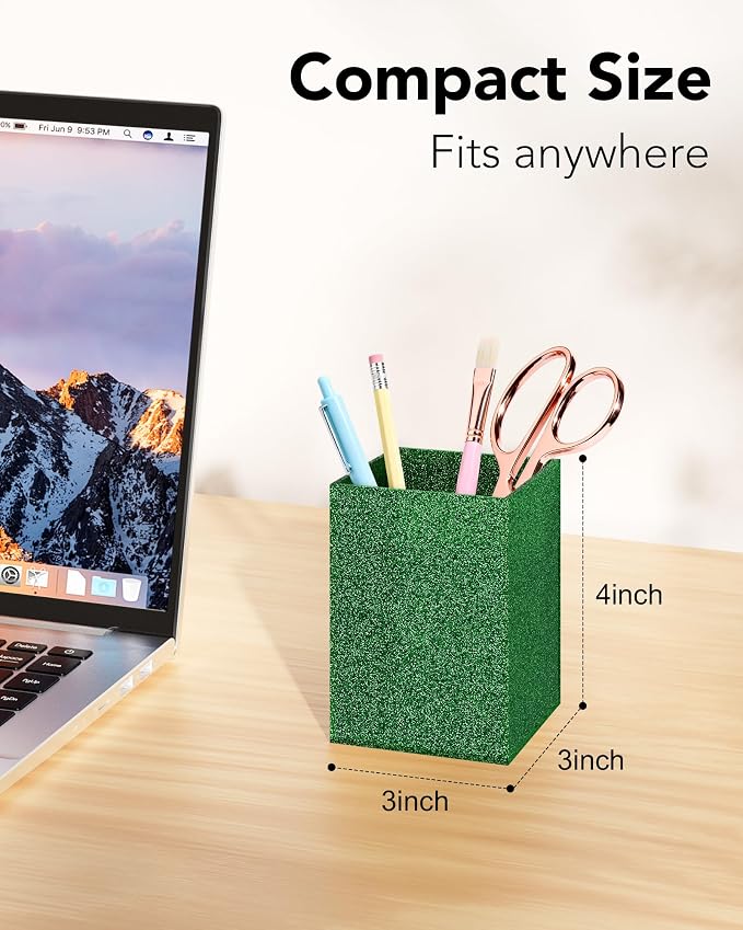 Green Glitter Acrylic Pen Holder, Acrylic Makeup Brush Storage Organizer, Pencil Pen Holder for Desk, Modern Desktop Accessories for Office School Home Supplies