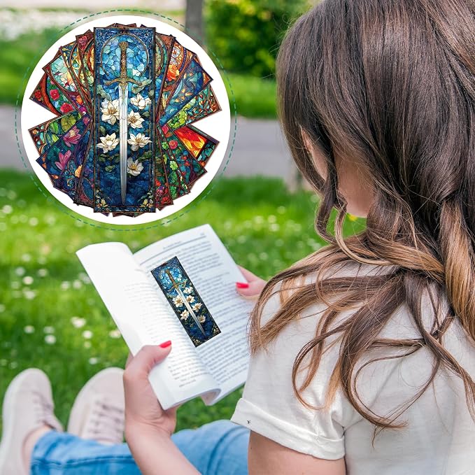 Wxiben Stained Glass Sword Bookmarks - 100 Pcs Cool Fantasy Bookmark Unique Sword Flower Book Marks Book Markers Page Clip GIFS for Women Men Teens Students Teacher Reading Bookworm Bookish