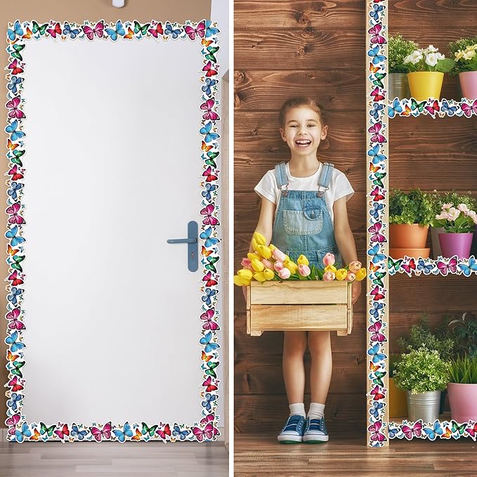 Dispowreath 68. 9 Feet Butterfly Bulletin Board Border Decoration Butterfly Rolled Border Trim for Back to School Bulletin Boards Classroom Chalkboard Wall Spring Home Decor