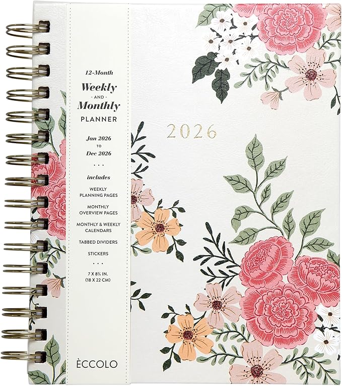 WORLD TRAVELER 2026 Planner Weekly and Monthly - 7'' x 8.75'' Hard Cover January December Spiral Daily Planner 2026 To Do List, Size 7X8.75, Multi/Floral