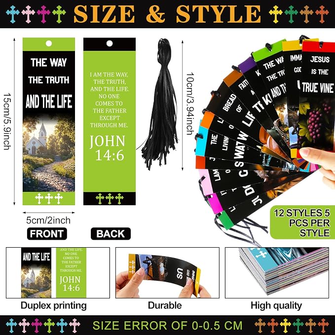 PerKoop 60 Pcs Name of Jesus Christian Bookmarks Bulk VBS Scripture Religious Bookmarks with Ribbons Light of The World Church Bookmark Gift for Women Men Church Sunday School Party Favors