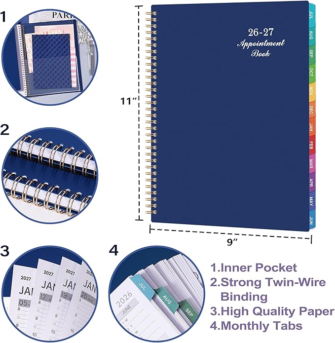 2026-2027 Weekly Appointment Book/Planner - Lager 9" x 11" Daily Hourly Planner 2026-2027, Jul 2026 - Jun 2027, Appointment Book, Monthly Tabs, Hourly Interval, Thick Paper - Blue