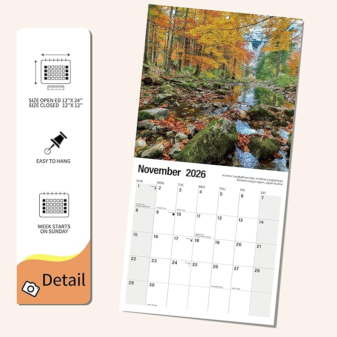 Wall Calendar 2026 Planner Calendar - Brilliant Seasons Hangable Monthly Wall Calendar with Large Blocks for Organizing & Planning, Academic Schedule, Home, Office & family, Thick & Sturdy Paper (12"x24" Open)