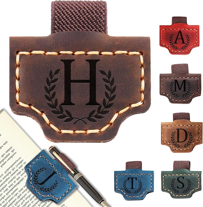 Personalized Leather Magnetic Bookmark with Pen Holder, Bookmark 26 Letters Name Initial Bookmarks for Readers, Book Lover Gifts for Women Men Notebook Accessories (Coffee, H)