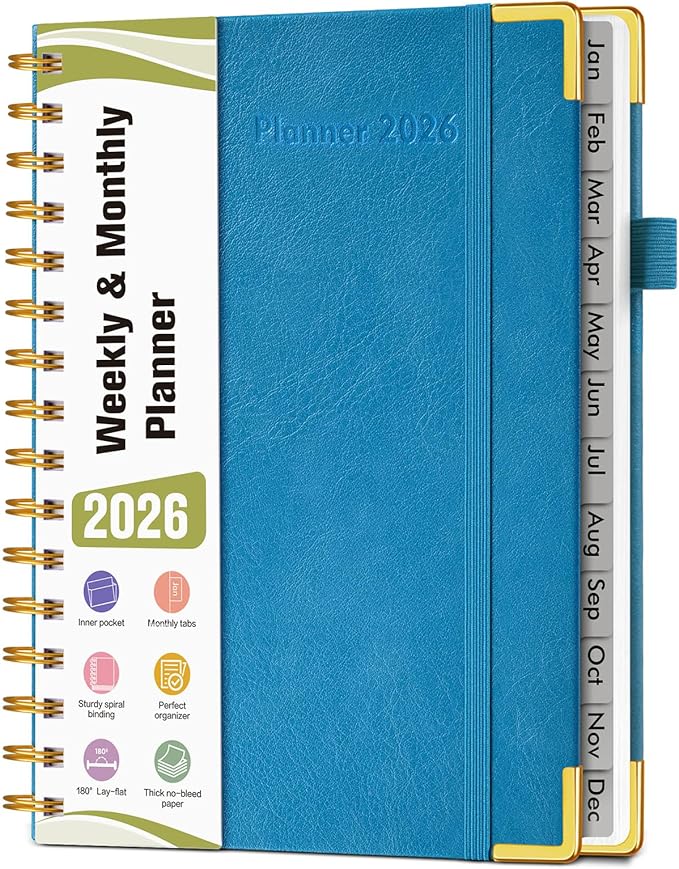2026 Planner, Hardcover Leather Weekly and Monthly Planner, January 2026 - December 2026, Spiral Yearly Agenda Organizer Book 2026 with Tabs, Daily Calendar Planners for School Work Home, A5 (5.75" x 8.38"), Pacific Green