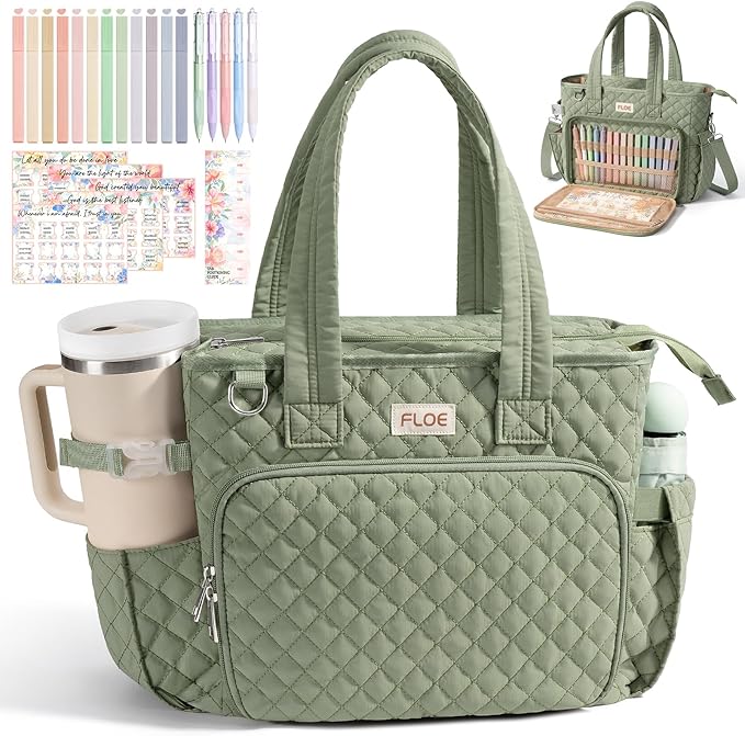 Large Bible Bag for Women Bible Cover Case, Quilted Puffer Bible Tote Bag Church Bag w/Shoulder Strap, Bible Study Supplies Journaling Kit Accessories Tabs, Mothers Day Christian Gifts for Women Mom