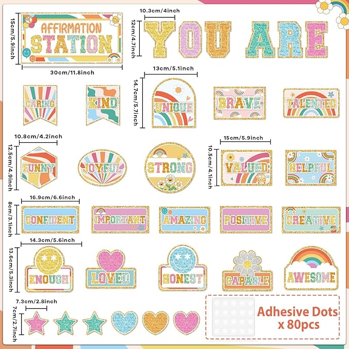 Hippie Retro Groovy Affirmation Station Bulletin Board Set Boho Hippie Motivational Bulletin Board Classroom Decorations Positive Affirmations Station Posters Cutouts for Classroom Wall Mirror Decor