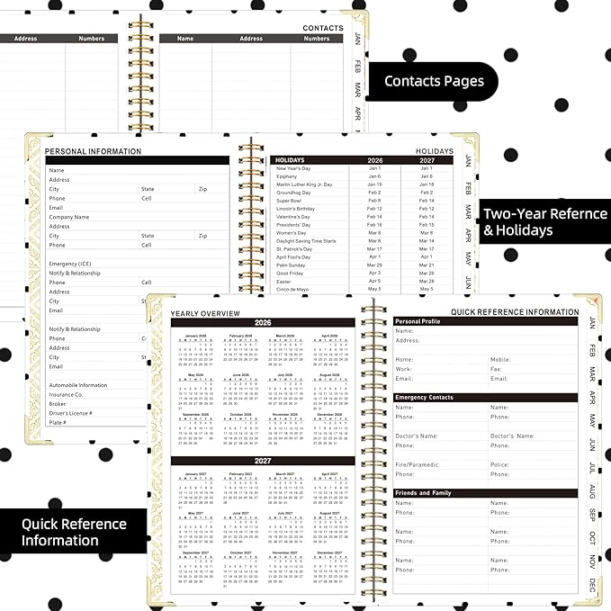 2026 Monthly Planner, Jan.2026 - Dec.2026 Weekly Planner 6.25"x8.5" with Page Tabs, Calendar Hardcover with Inner Pocket, Elastic Band, Twin-Wire Binding, Bookmark, Black White Polka Dots