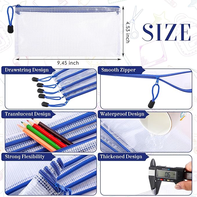 Sherr 120 Pcs Mesh Zipper Pouch A6 Pencil Pouches Bulk Small Clear Mesh Bags with Zipper 9.45'' x 4.53'' Waterproof File Bag Pencil Case for School Office Travel Organization(Blue)