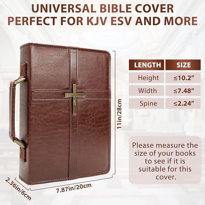 Bible Cover Case PU Leather Bible Bag for Men, with Leather Bookmark, Pen Slots, Handle, Strong and Sturdy Church Bag, Christian Gifts for Men and Women, Fits Standard Size Bibles (Brown)