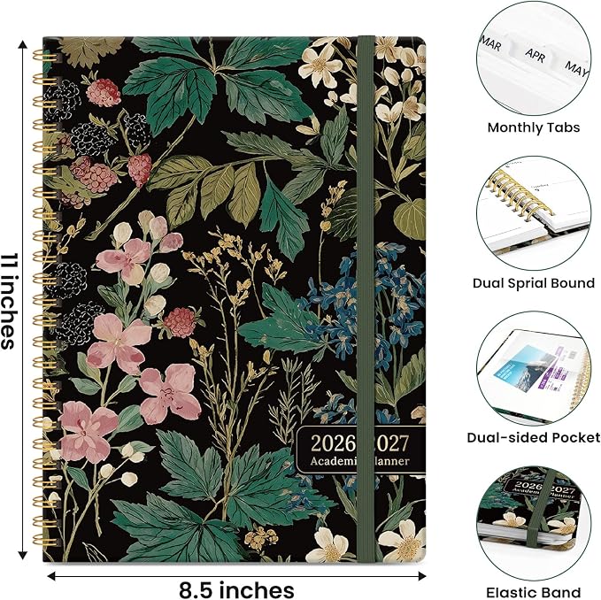 Planner 2026-2027, Hardcover Monthly and Weekly Academic Planner July 2026 - June 2027, Teacher and Student Calendar Agenda Book with Tabs, A4 (8.5" x 11"), Ideal for School and Office, Forest Botanica