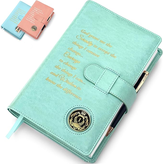 Galileo® Double AA Big Book Cover & 12 Steps & 12 Traditions | PU Leather | Coin Holder | AA Book Covers for Hardcover | AA Gift | Alcoholics Anonymous (Serenity Prayer/Pastel Mint)
