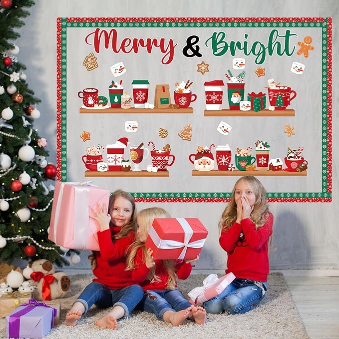 Christmas Bulletin Board Set Merry & Bright Coffee Cup Classroom Decorations Christmas Latte Santa Snowmen Bookshelf Paper Cutouts for Door Wall Decor Xmas Winter Holiday Party Supplies