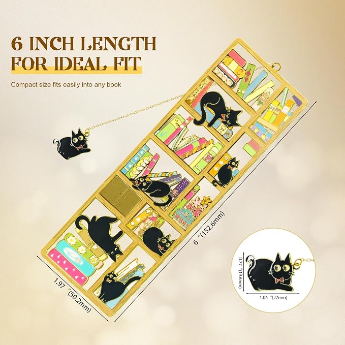 Black Cat Bookmark with Charm - Metal Book Markers for Cat Lovers, Comes with Storage Box | Lightweight, Durable Reading Accessories & Gift for Bookworms, Teachers, Readers
