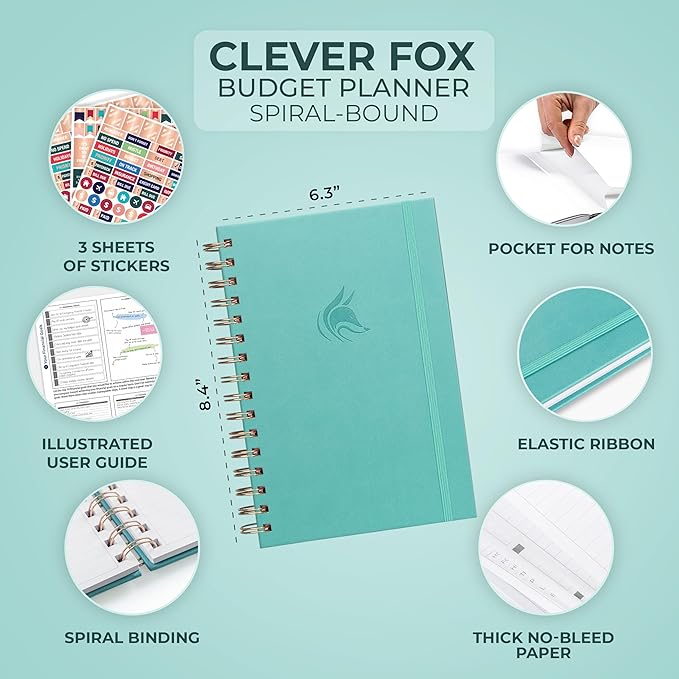 Clever Fox Budget Planner Spiral – Expense Tracker Notebook – Monthly Budgeting Organizer, Finance Logbook & Accounts Book to Control Your Money – Undated Bill Tracker, 6.3x8.4” - Turquoise