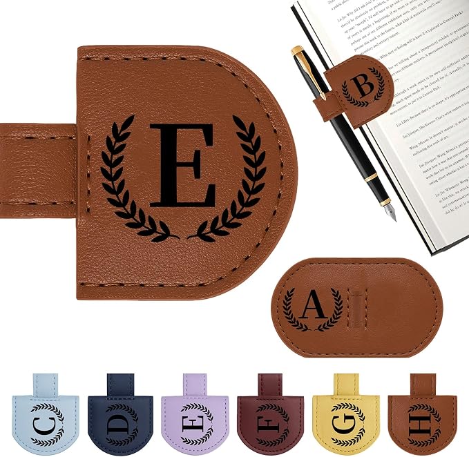 Personalized Magnetic Bookmark Pen Holder, Leather Book Marks for Reading Women& Men, Engraving 26 Letters Name Initial Bookmarks with Pencil Pen Holder, Gift for Book Lovers, Readers (Brown, E)