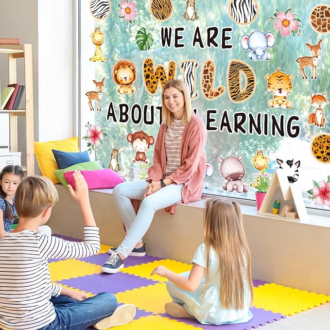 JarThenaAMCS We are Wild About Learning Bulletin Board Set Wild Safari Animals Paper Cutouts with 100Pcs Glue Points Woodland Theme Cut-Outs Decor for Back to School Kindergarten Jungle Party, 56Pcs
