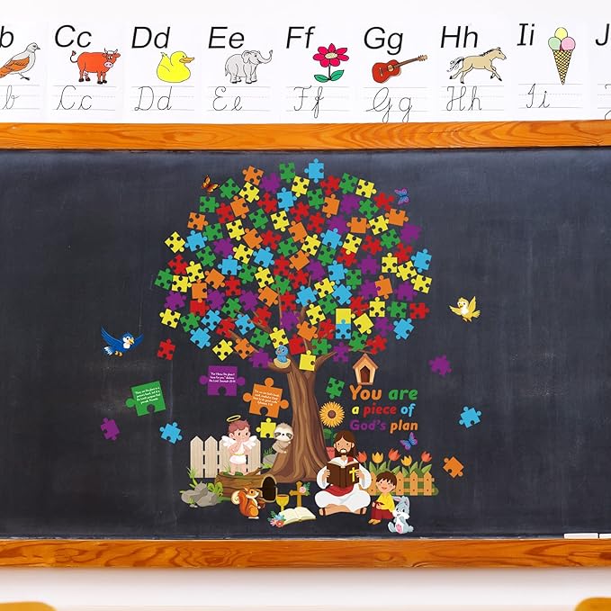 BBTO 155 Pieces of Christian Tree Bulletin Board Set The Gods Plan to Decorate Children's Sunday School, Religious Bible, Scripture Classroom, Cut Decoration, Blackboard Supplies (Puzzle Style)