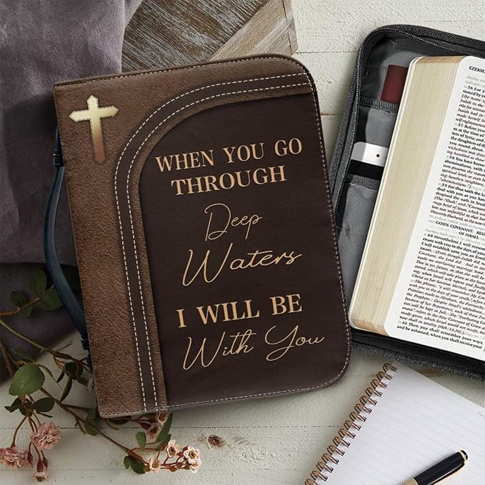 Retro Style Cross and Lion Bible Case with Bookmark Waterproof Bible Cover Case for Women Lightweight Bible Bag with Handle Pockets Church Book Bag Brown