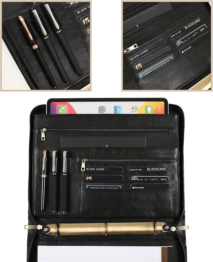 Genuine Leather Portfolio, 3 Ring Binder Padfolio, 11"×14" Padfolio Organizer, Professional Business Portfolio Binder for Men and Women