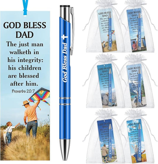 Dispowreath 24 Pcs/12 Sets Father's Day Christian Gift, God Bless Dad Bookmark Church Gift Include 12 Proverbs 20: 7 Bookmark 12 Religious Bible Verse Ballpoint Pen for Men Church Prizes Party Favors