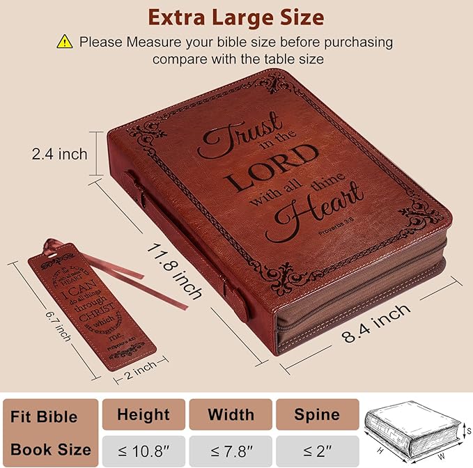 Extra Large Bible Cover Case for Men Women, Mens Bible Covers Cases Leather Bible Cover Carrying Case for Women Men with Handle Zippered Bible Book Cover Holder Bag Case (Brown, XL)
