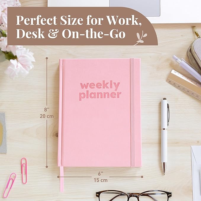 Rileys & Co Undated Daily Planner 8 x 6 in, Day Schedule Planner & Agenda Book, Journal with Goal & Habit Tracker, No Dates Dateless Annual Organizer for Work, School & Home - Pink