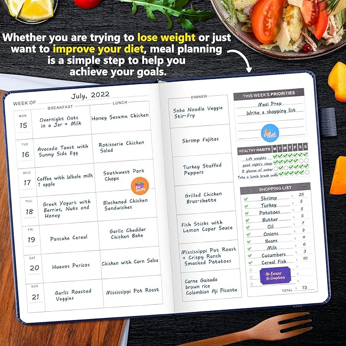 JUBTIC Weekly Meal Planner Notebook, Food Journal Daily Meal Prep Journal with Shopping and Grocery Lists for Food Planning Menu Planning Healthy Diet or Weight Loss Tracking, Last 1 Year,Undated, A5, Navy Blue