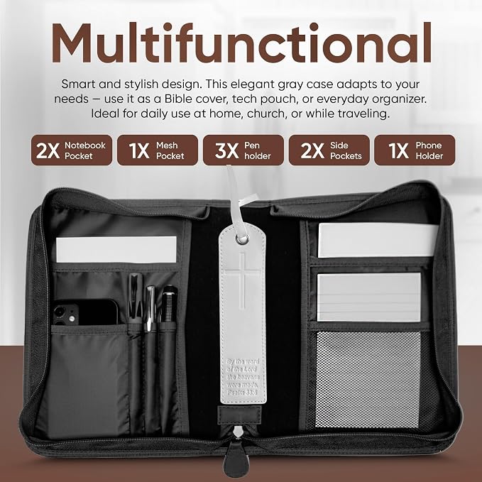 Bible Cover (U.S. Patent Pending), Discreet & Elegant Bible Case, Gray PU Leather Bible Cover, Cross Design Bible Bags, Strong and Sturdy Book Case, Includes Premium Bookmark