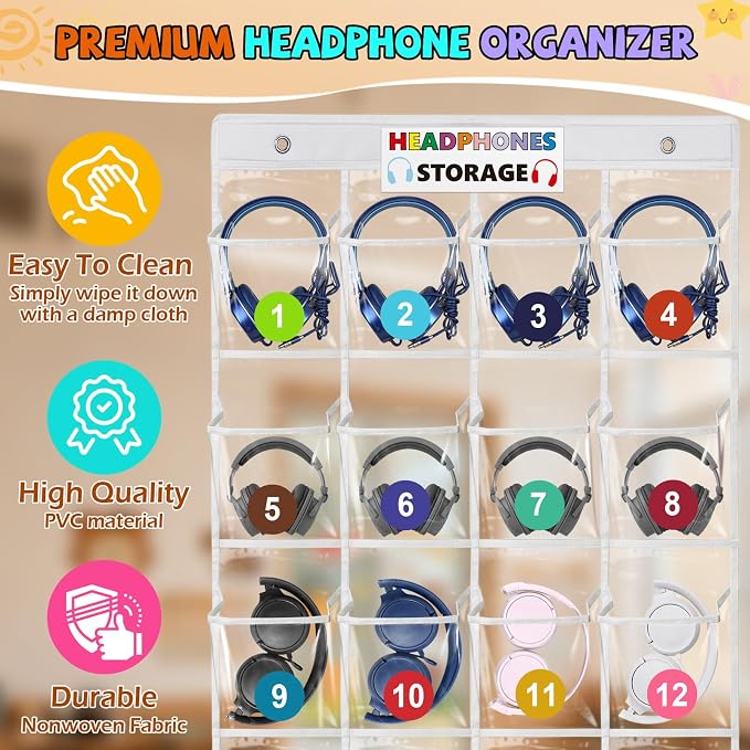 Enlarged Headphone Storage Classroom, 24 Large Pockets PVC Clear Headphone Holder for Classroom,with 3 Kinds of Mounting Accessories and Headphone Storage Stickers & Digital Stickers