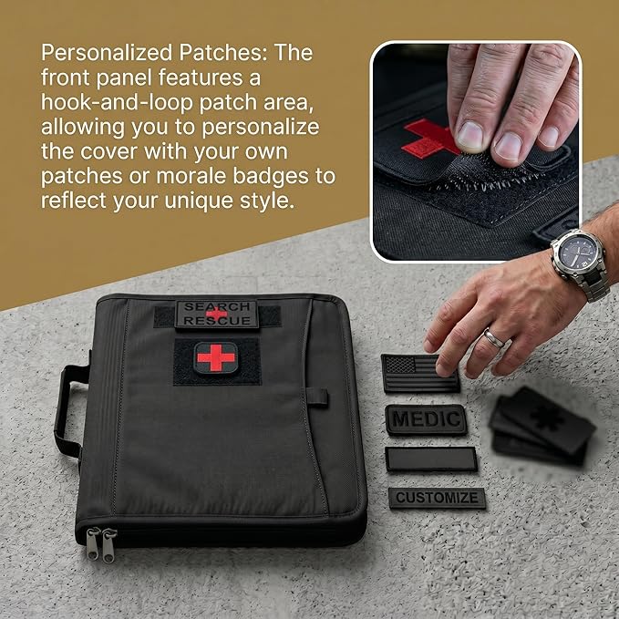 Tactical Notebook Cover, A4 Padfolio with Detachable 3-Ring Ring Binder, Multi-Pocket Organizer & Hand Strap, Zippered Hardcase Planner (Black, A4(13.8 x 12 inches))