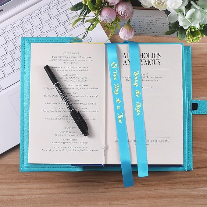 LParkin AA Big Book Cover for Big Book (Hardcover) & 12&12 - Durable PU Leather with Serenity Prayer Design, AA Book Cover with Coin Holder & Sobriety Bookmarks (Green God Grant Me)