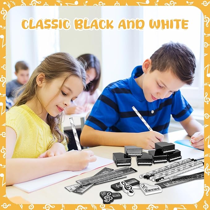 30 Pcs Music Pencil Stationery Set Back to School Gift Piano Prizes Music Note Pencil Paper Clips Rulers Piano Pencil Sharpeners Erasers Music Themed Gifts for Classroom First Day of School