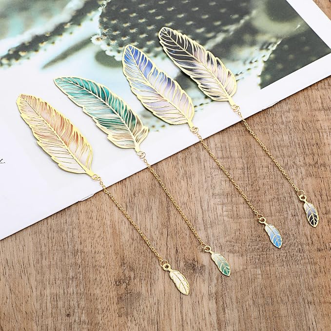 4pcs Metal Bookmarks with Chain Lotus Leaf Bookmark Birthday Gifts Teacher Christmas Gifts Unique Plant Gifts Literary Accessory Appreciation Stuffers for Women Grils Readers (Metal Feather)