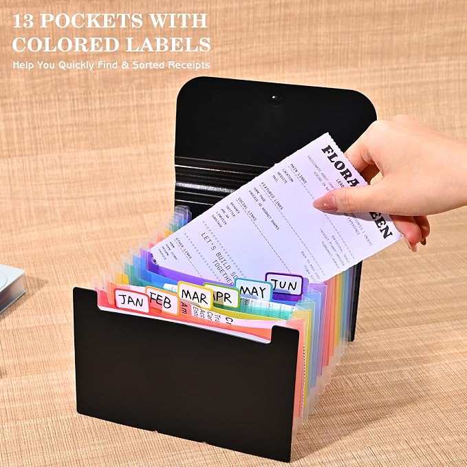 2Pcs Receipt Coupon Holder Organizer, 13 Pockets Small Accordian File Organizer, Expanding File Folder with Colorful Tabs, A6 Size for Cards, Check, Tickets, Monthly Bills Storage (Black)