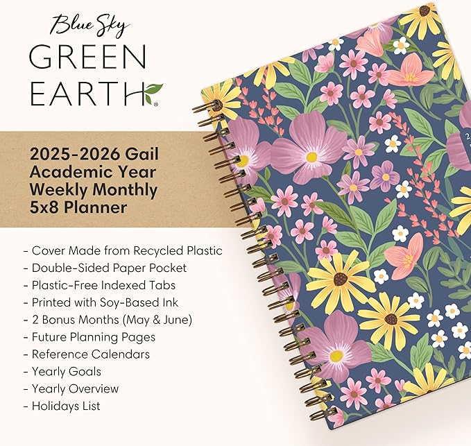 Blue Sky Sustainability 2025-2026 Weekly and Monthly Academic Year Planner Calendar, July 2025 - June 2026, 5" x 8", Flexible Cover From Recycled Plastic, Wirebound, Laminated Tabs, Storage Pocket, Gail