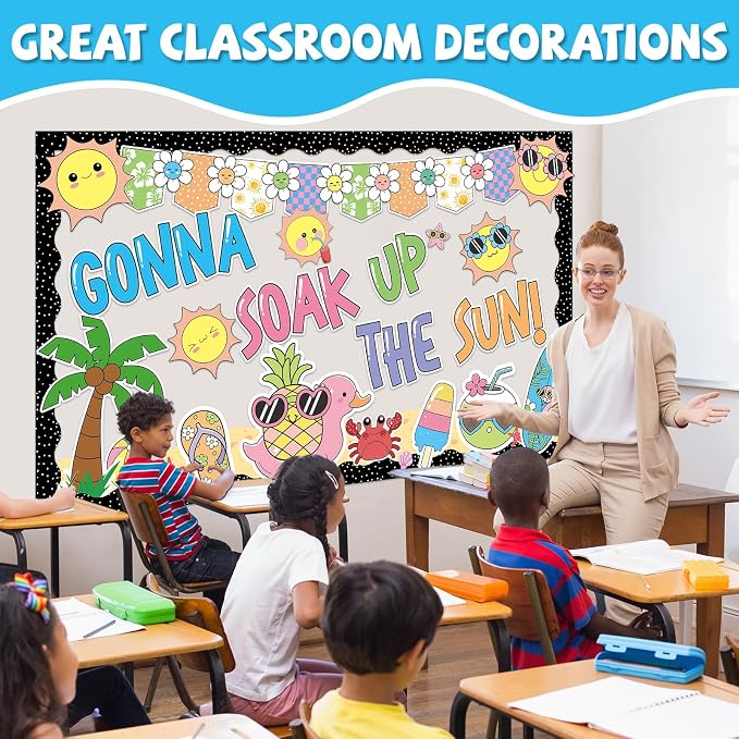 Summer Bulletin Board Set Summer Beach Classroom Decoration Hawaiian Tropical Sun Beach Bulletin Board Composition Paper Cutouts for Classroom Back to School Office Chalkboard Wall Decor