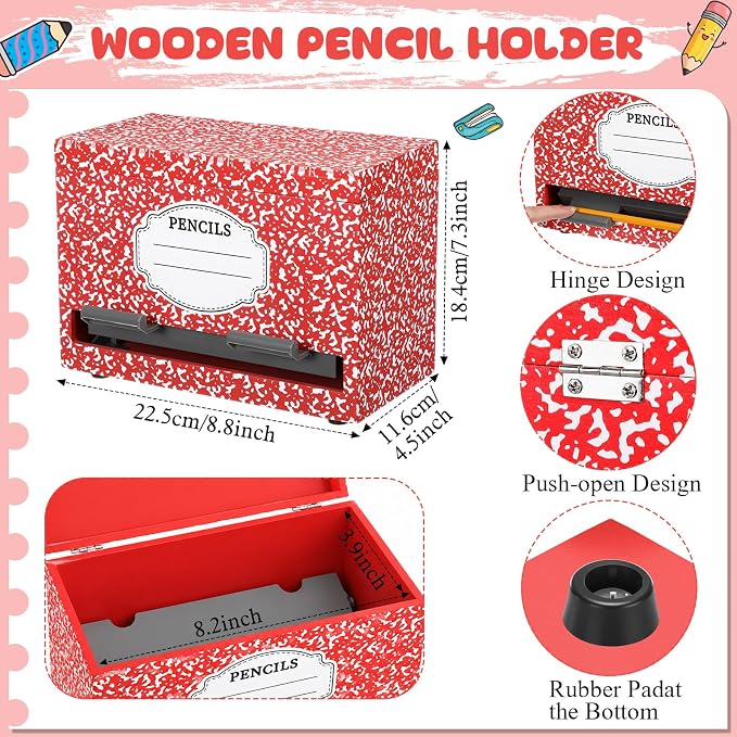 Yalikop 1 Pc Wooden Pencil Dispenser for Classroom Pastel Wood Pencils Holder for up to 200 Pencils Reusable Straw Dispenser for Home Office Teachers Supplies Storage (Notebook,Red)