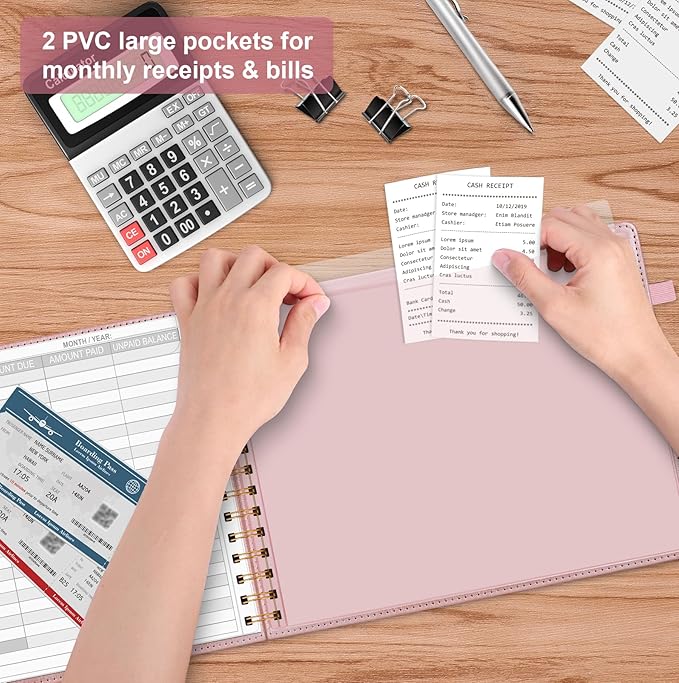 HAUTOCO Hardcover Bill Tracker Notebook Horizontal Monthly Bill Payment Organizer for Personal Budgeting Home Finance with 2 Storage Pocket Expense Checklist Tracking Planner 10.78 x 8'', Rose Gold