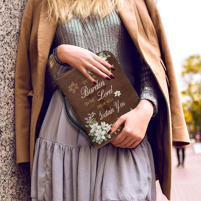 Retro Style Lily and Cross Bible Case with Bookmark Waterproof Bible Cover Case for Women Lightweight Bible Bag with Handle Pockets Church Book Bag Brown